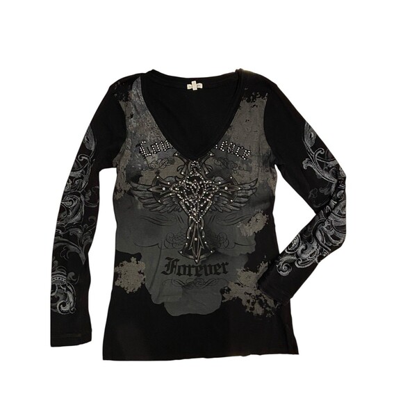 Vintage Y2K Gothic Fairy Grunge Cross Wings Graphic Bling Top Size XL Black Rib - Picture 1 of 11